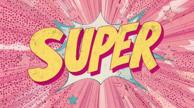 Super text in pop art style with comic book explosion background. Retro comic strip speech bubble with yellow word for positive expression.