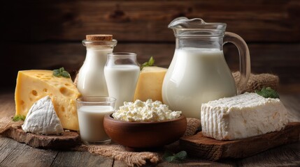 Assortment of dairy product with milk, cheese, and cottage cheese on rustic table. Food and healthy diet concept.