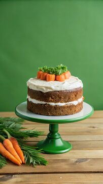 Moist carrot cake with cream cheese frosting on a wooden table in a rustic dining room
