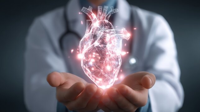 Doctor with a glowing digital human heart hologram in hands. Medical innovation and healthcare technology for cardiology and human organ research.