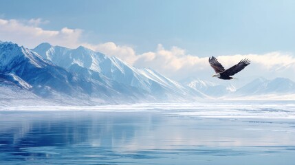 Bald eagle flying over a partially frozen lake with snow-capped mountains in the background. Majestic winter landscape and wildlife scenery for nature exploration.