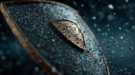 Close up of a textured shield emblem with falling particles dark metallic