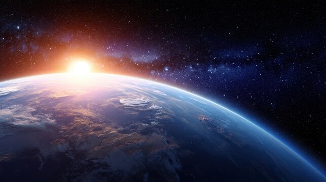 Planet earth in space with sun rising. World in outer space with bright stars for global technology and communication concept.