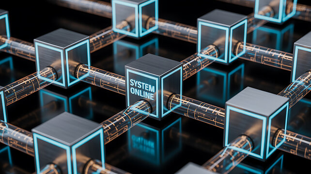 Modern glowing network connecting digital systems, representing blockchain technology and data flow for innovative tech companies and futuristic solutions online