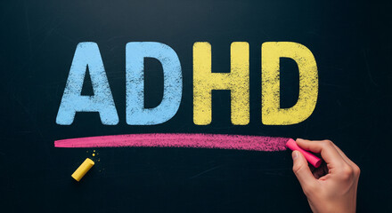 "ADHD" acronym in chalk with hand drawing pink underline on a blackboard