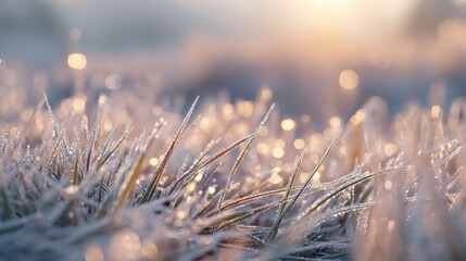 Frozen grass blades covered with hoarfrost and glowing bokeh effect. Winter morning scene with sparkle frost for cold frosty season concept.
