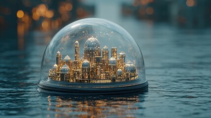 City within a glass dome floating on water. Futuristic architectural concept of a protected and illuminated metropolis for innovation vision.