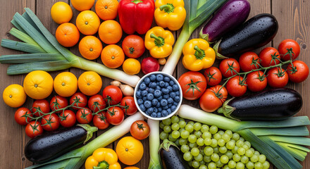 Abundant fresh, colorful fruits and vegetables display on rustic wooden table background.
