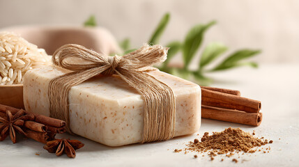 Eco-packaged soap with rice and cinnamon on clean background