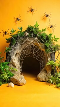 Dark cave entrance with spider webs