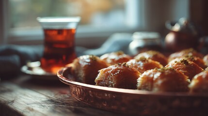 Golden baklava pieces topped with pistachios served alongside a steaming glass of tea in a cozy setting.