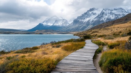 Remote wooden boardwalk path winding along the shore of a glacial lake with snow-capped mountains and cloudy sky in the background, a beautiful nature landscape scene.
