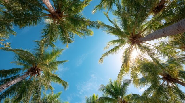 Palm tree branches and leaves against a blue sky with bright sun. Summer paradise and tropical vacation travel scene. Nature landscape for beach holiday banner. - Powered by Adobe