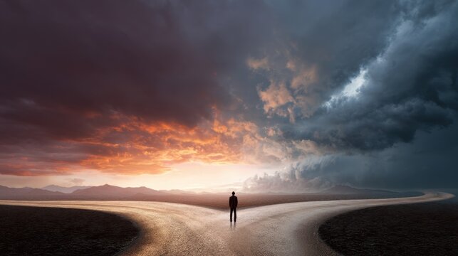 Man standing at a crossroads. Concept of choices, decision making, crossroad of future, and new beginning. Two different paths, good versus bad choice.