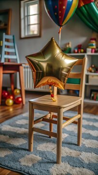 Colorful gold star balloon tied to a chair in a child's playroom