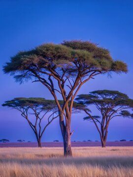 Majestic Acacia trees stand alone in the savannah