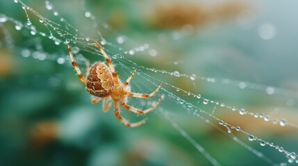 Spider on web covered with dew drops in autumn morning. Macro wildlife photography for nature article or background. Animal close up.