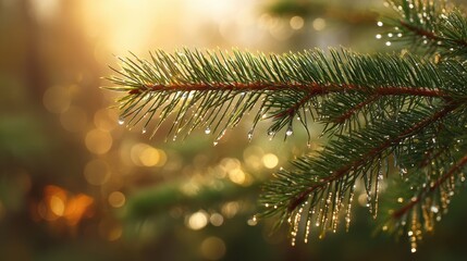 Pine branch with water drops in sunlight. Nature background with bokeh. Fresh evergreen tree leaf close up for Christmas card.