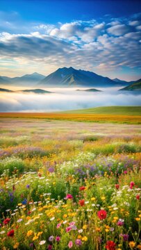 Vast field of wildflowers with misty mountains in the background