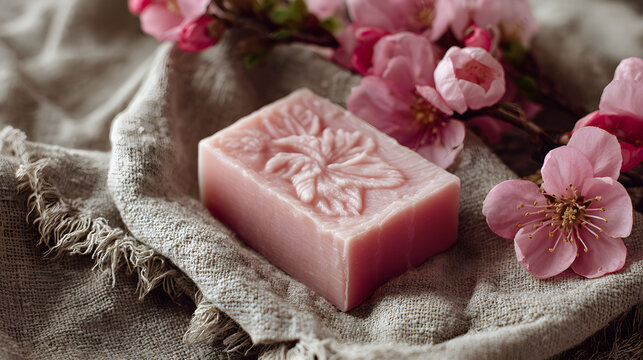 Handmade soap bar with pink florals on linen cloth