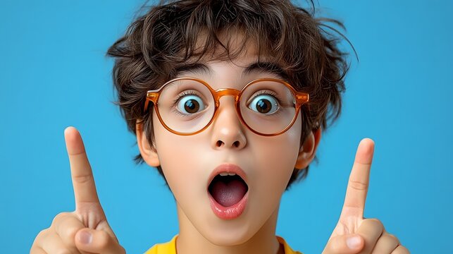 Child with curly hair and glasses showing surprise in front of blue background