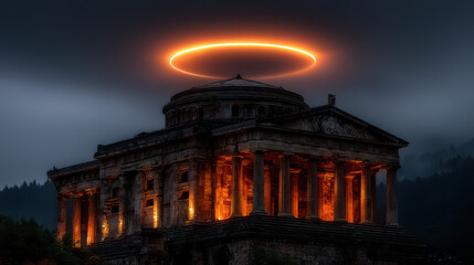 Ancient temple off beaten path glows under mystical halo, creating enchanting atmosphere that captivates imagination