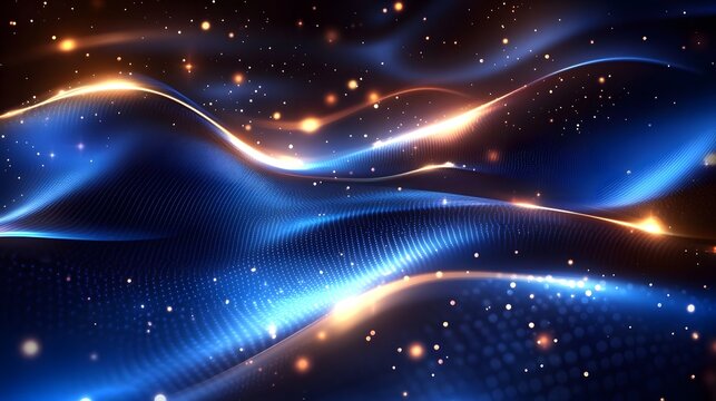 Dynamic blue and gold wave patterns with glowing orbs in a cosmic background