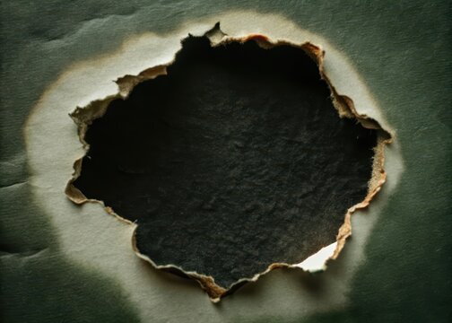 Ashy hole in white paper with charred edges