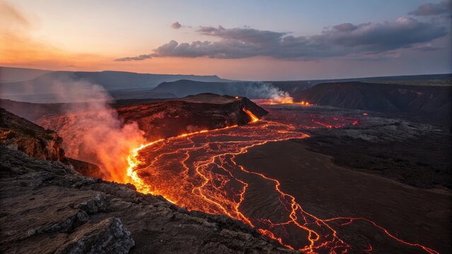 Lava flows from the rim of a wide crater at Sumbawa Volcano at sunset