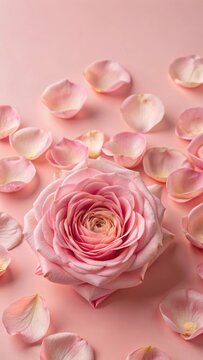 Beautifully opened pink rose petals laid on a crisp white background with subtle texture