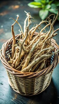 Indian madderwort root in brown basket on black surface