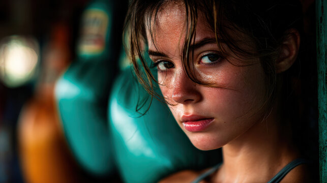 Focused athlete trains in muay thai gym in Chiang Mai, showcasing determination and strength amidst colorful boxing gloves - Powered by Adobe