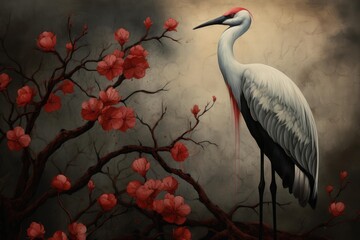 Naklejka premium Crane and flowering branches creating a serene scene in traditional japanese style artwork