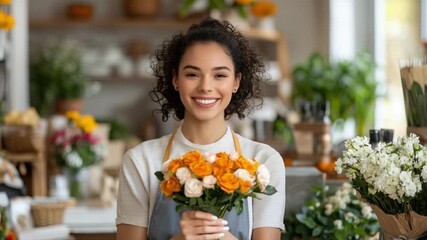 florist portrait with flower bouquet, smiling florist in flower shop, natural light florist photography for commercial use, Female florist lifestyle in modern boutique flower shop
