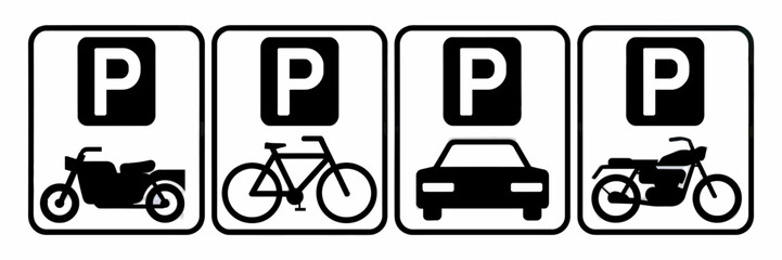 Assorted Parking Symbols for Motorbikes Bicycles and Cars on White Background Illustrating Transportation Variety
