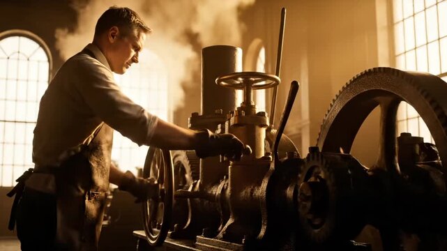 Man operates steam machine in factory. Engineer inspects gear. Worker adjusts industrial valve. Vintage workshop with steam motion. Historic factory hands on machine. Steam frames man and gear near.
