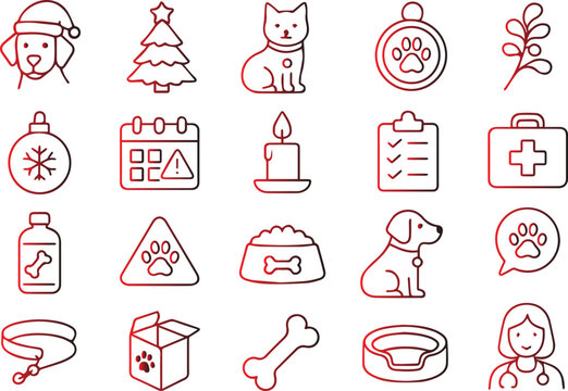 Collection of pet related icons, including dog, cat, christmas tree isolated on white background