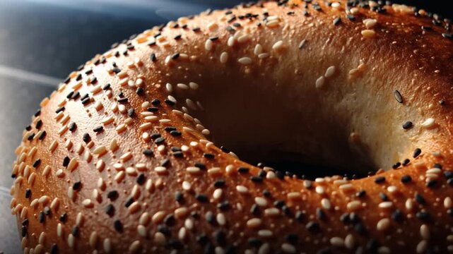 Sesame Seeded Bagel: A close-up view of a perfectly baked bagel, generously covered with sesame seeds, evoking warmth and comfort. This bagel looks ready to eat.