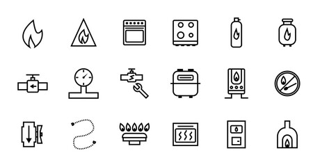 Gas service line icon set. Features flame, stove, gas cylinder, pipeline, pressure gauge, repair, gas meter, boiler, warning sign, and hose. Vector energy and heating symbols.
