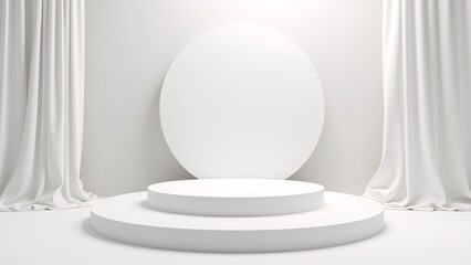 Elegant White Podium Scene with Curtains