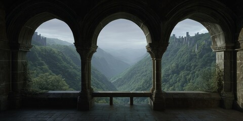 Mystical view from an ancient castle archway revealing lush green mountains and a distant fortress under a misty sky.