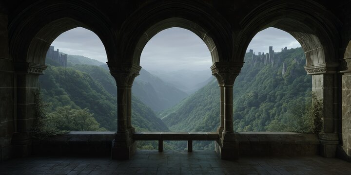Mystical view from an ancient castle archway revealing lush green mountains and a distant fortress under a misty sky. - Powered by Adobe