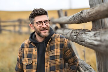 Smiling man in flannel shirt leans against rustic wooden fence outdoors