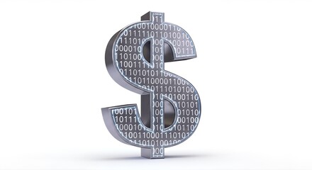 A striking 3D metallic dollar sign, intricately filled with glowing binary code and outlined in blue light, on a pure white background. Symbolizes digital finance and economy.