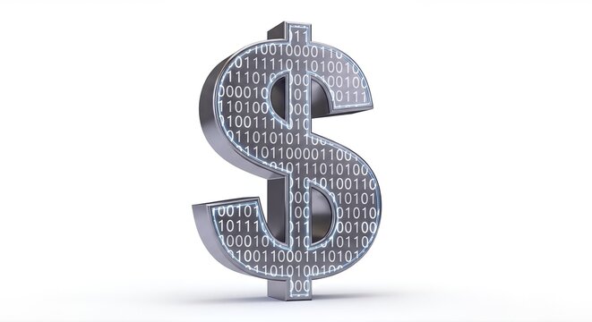 A striking 3D metallic dollar sign, intricately filled with glowing binary code and outlined in blue light, on a pure white background. Symbolizes digital finance and economy.