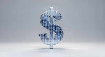 A gleaming 3D metallic dollar sign with binary code filling its interior stands on a reflective surface, symbolizing digital finance and currency.