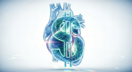 A futuristic digital rendering of a human heart with a prominent, glowing green dollar sign symbolizing healthcare costs and financial impact on health. Bright, clean background.