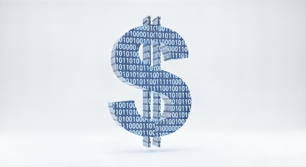 A vibrant 3D dollar sign, composed of blue binary code, stands on a clean white background. This image symbolizes digital finance, cryptocurrency, and technological advancements in money.