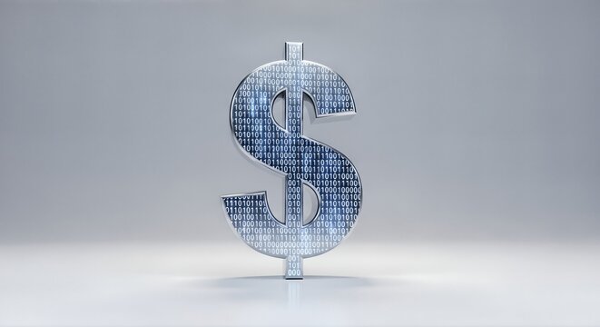 A gleaming 3D metallic dollar sign with binary code filling its interior stands on a reflective surface, symbolizing digital finance and currency. - Powered by Adobe