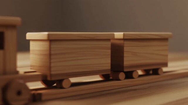 tren de juguete de madera, con locomotora y vagones unidos por peque&ntilde;os imanes. Madera pulida con vetas visibles, colores suaves y pintura mate. Iluminaci&oacute;n c&aacute;lida y natural que resalta la textura.
